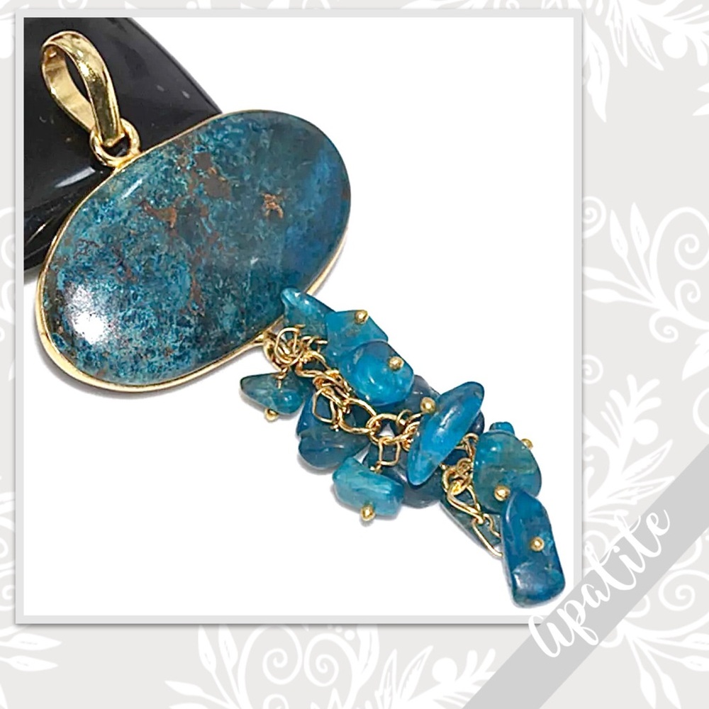 Apatite Gold Artisan Beaded Tassel Pendant, 3.1” (Dark Aqua Blue)